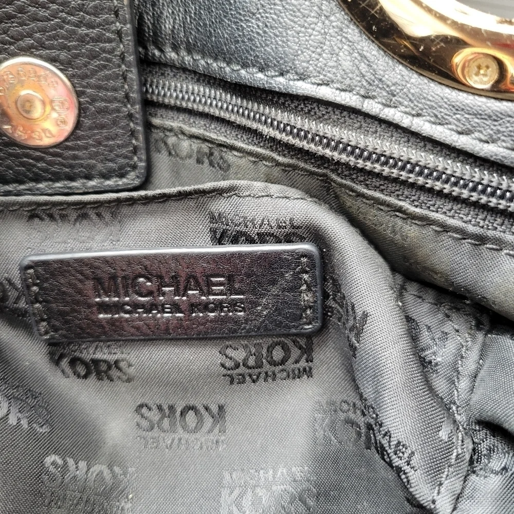 Michael Kors MK Black Pebbled Leather Shoulder Bag Purse Gold Designer Large